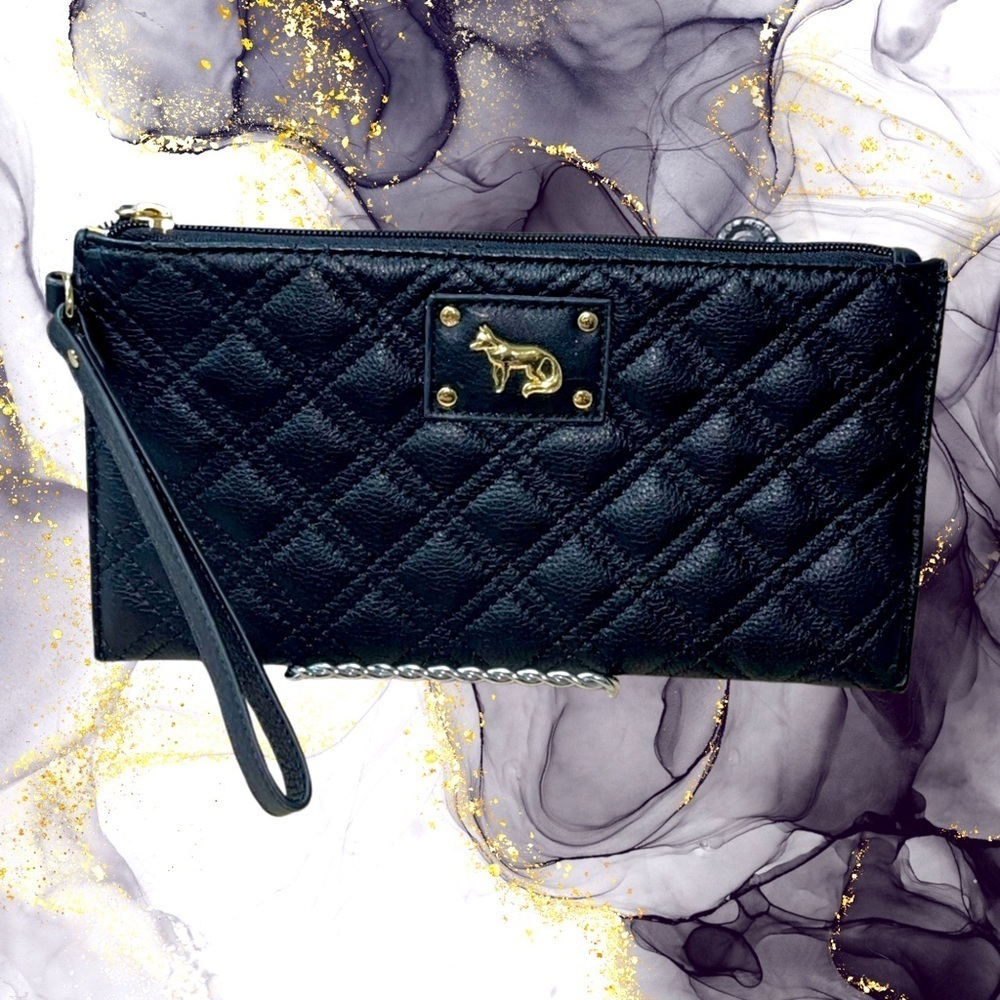 Emma Fox Quilted Leather Wristlet, Black w/Floral interior lining